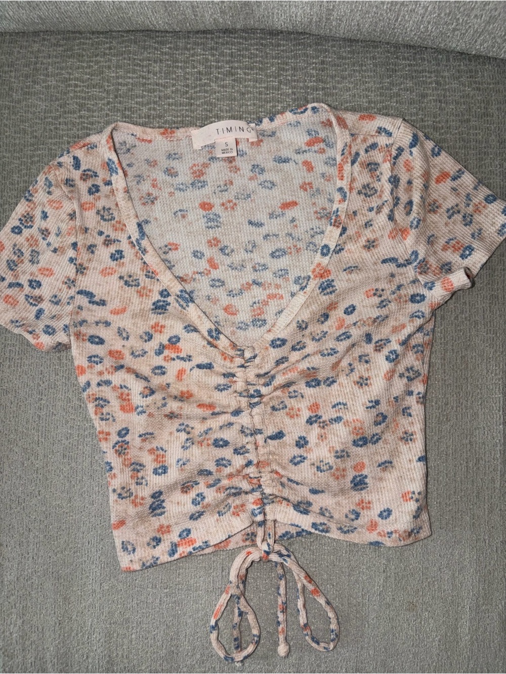 Timing Cream Floral Ruched Crop Top with Blue & Peach Accents